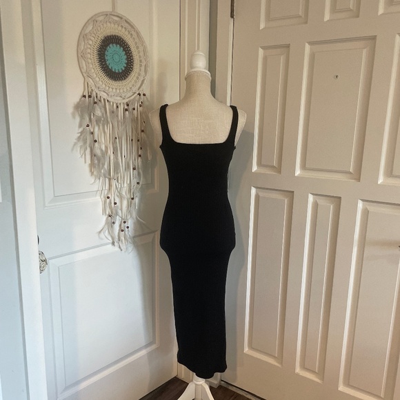 Wild Fable Black Ribbed Bodycon Midi Dress with Square Neck & Side Slit, Size XS - Picture 5 of 10
